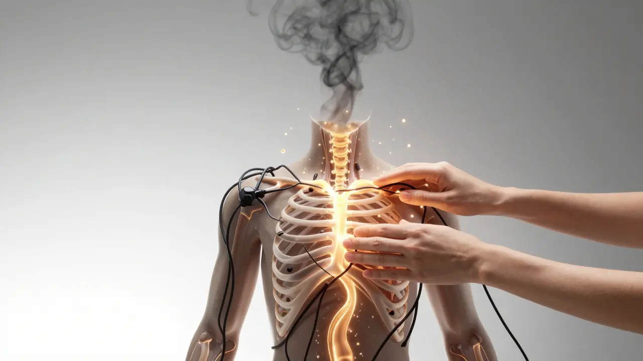 Human torso represented as tangled cords being gently untangled by glowing hands, symbolizing stress relief.