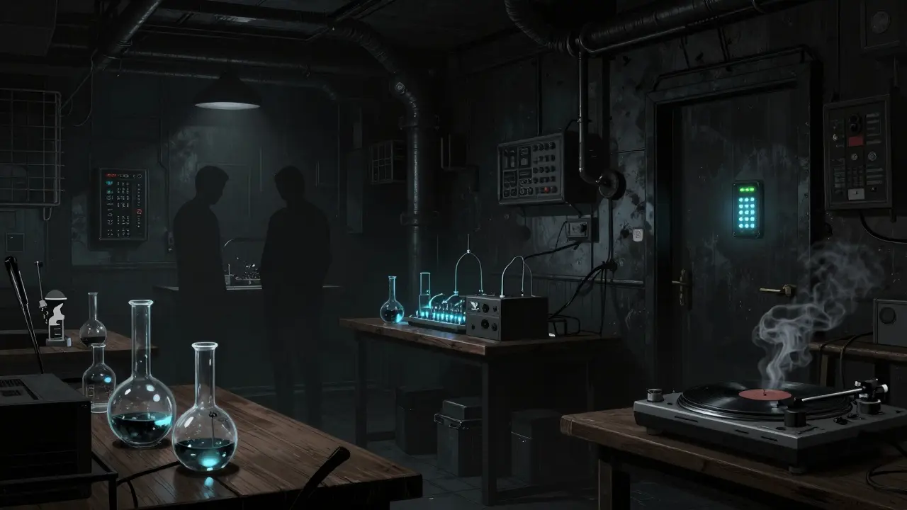 Intimate underground club with glass beakers and dim industrial lighting, hidden behind an unmarked door.