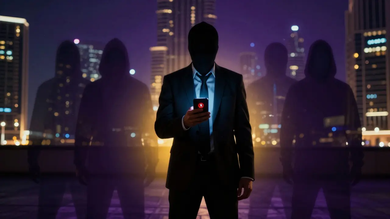 Man nervously viewing scam link near Dubai skyline with shadowy cybercriminals behind him.