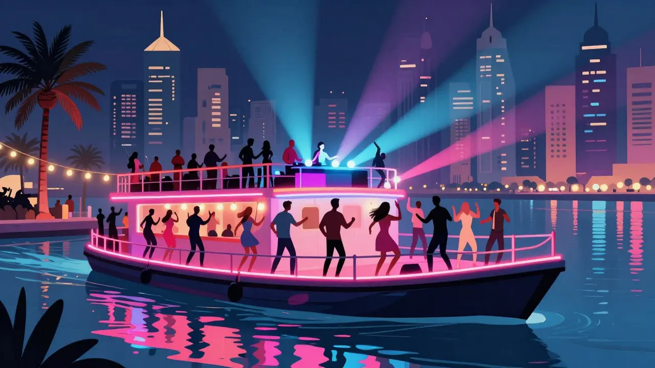 Nighttime party barge in Dubai Marina with neon lights, dancing guests, and city skyline.