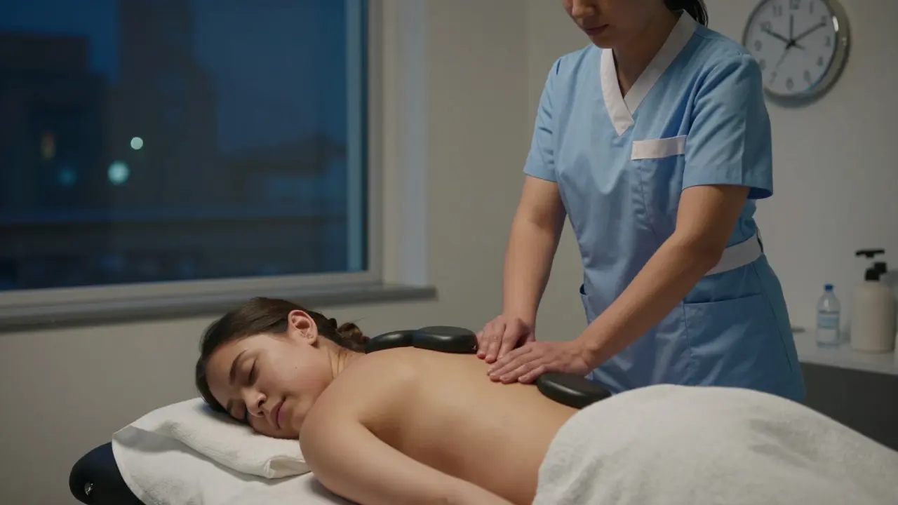 Nurse receiving deep tissue massage in a quiet clinic after a long shift, heated stones on her back.