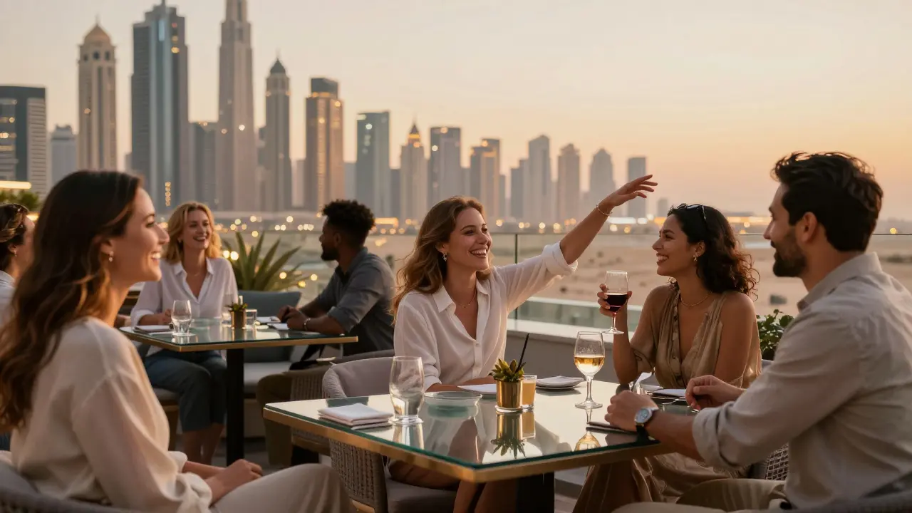 People enjoy laughter and cocktails at a glamorous Dubai rooftop lounge, the city lights sparkling behind them.