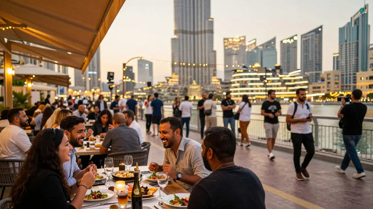 People socializing at a Dubai Marina café under string lights with the Burj Khalifa in the background.