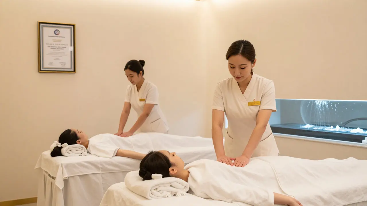 Professional spa room with licensed therapist giving a massage, certification visible on wall.
