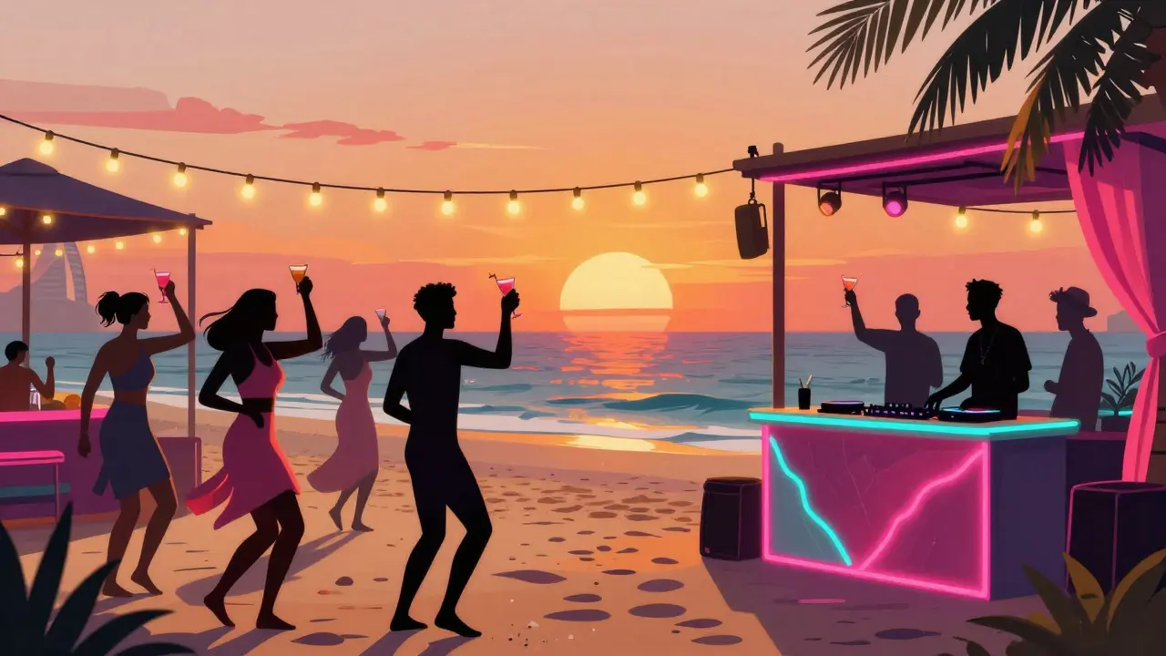 Silhouettes of people dancing at a beach club at sunset with string lights and the Palm Jumeirah glowing in the distance.