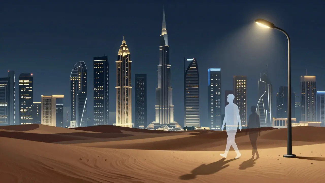 Silhouettes of two people walking together under a streetlamp beside Dubai's glowing skyline at night.