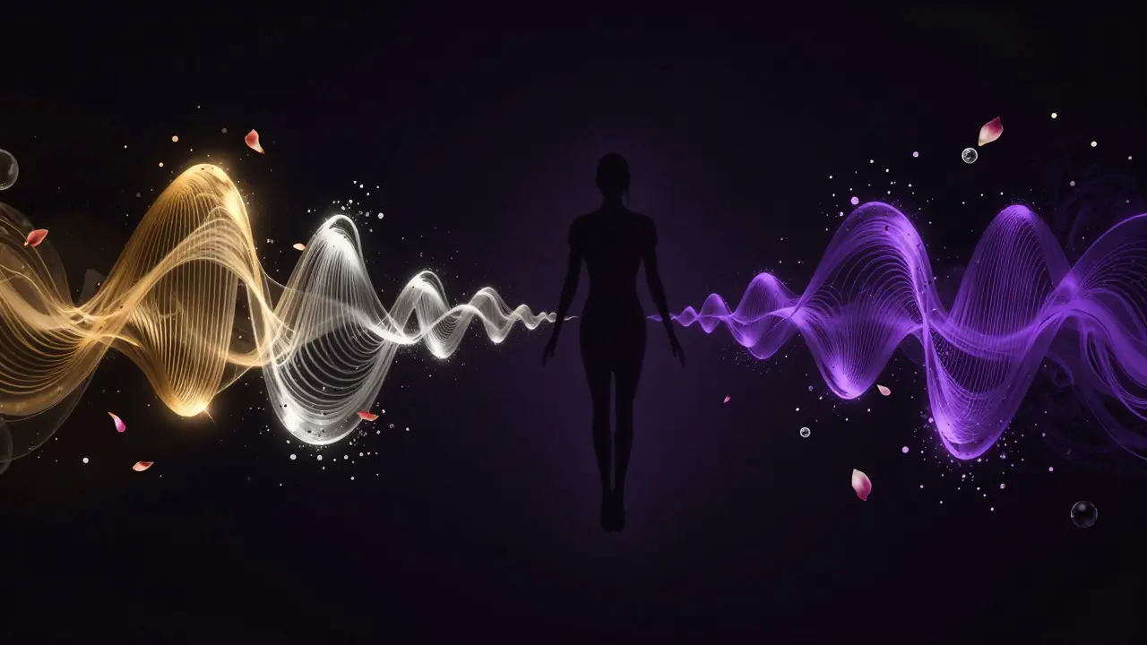 Sound waves manifest as glowing ribbons of color and floating particles, symbolizing the emotional power of music at Cavalli Club.