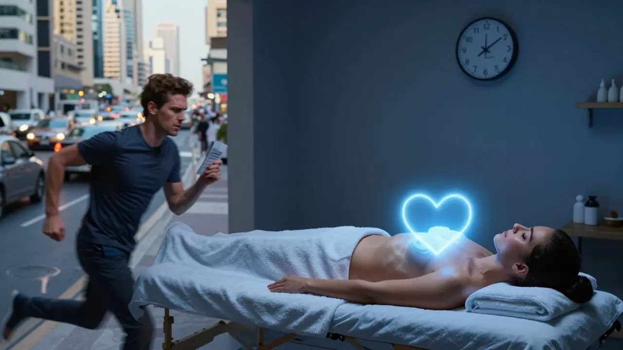 Split image contrasting stressful spa commute with peaceful home massage experience.