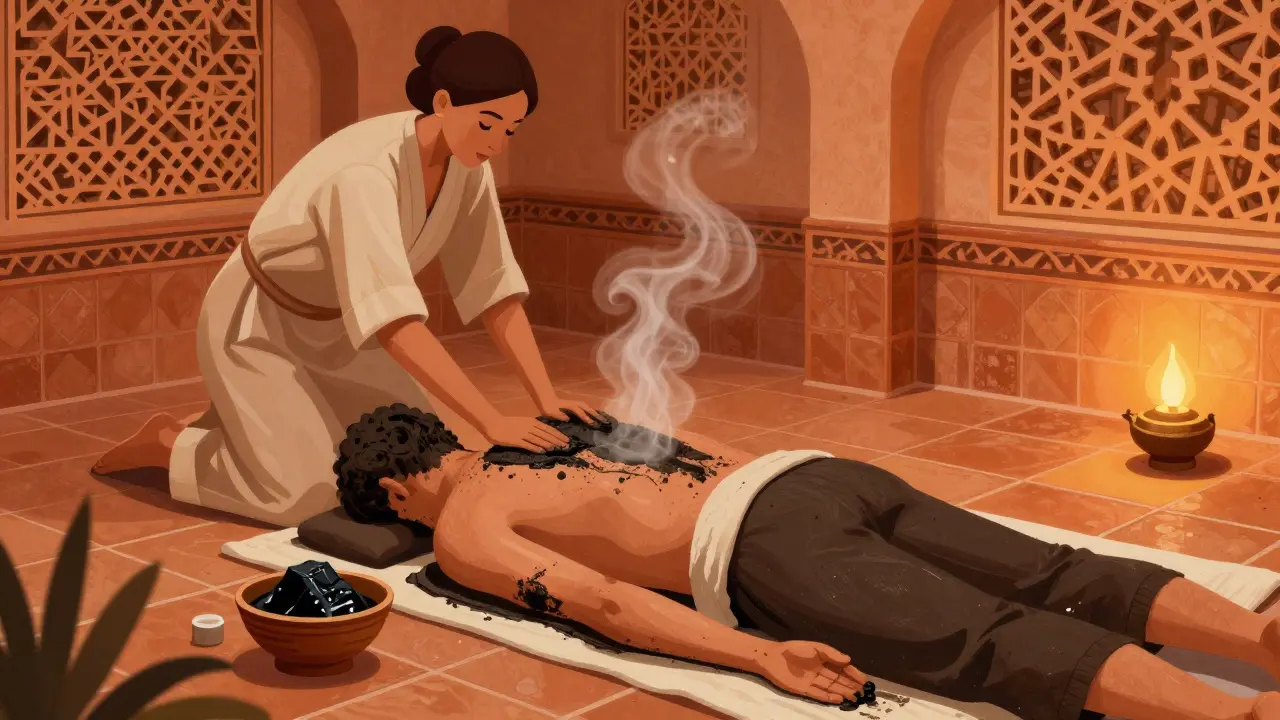 Therapist performing an Arabian hammam exfoliation with volcanic clay in a steamy traditional bathhouse.