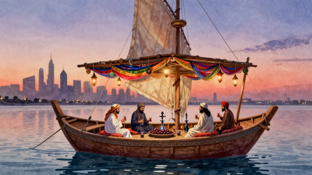 Traditional Arabian dhow boat at dusk with lanterns, guests enjoying tea and shisha.