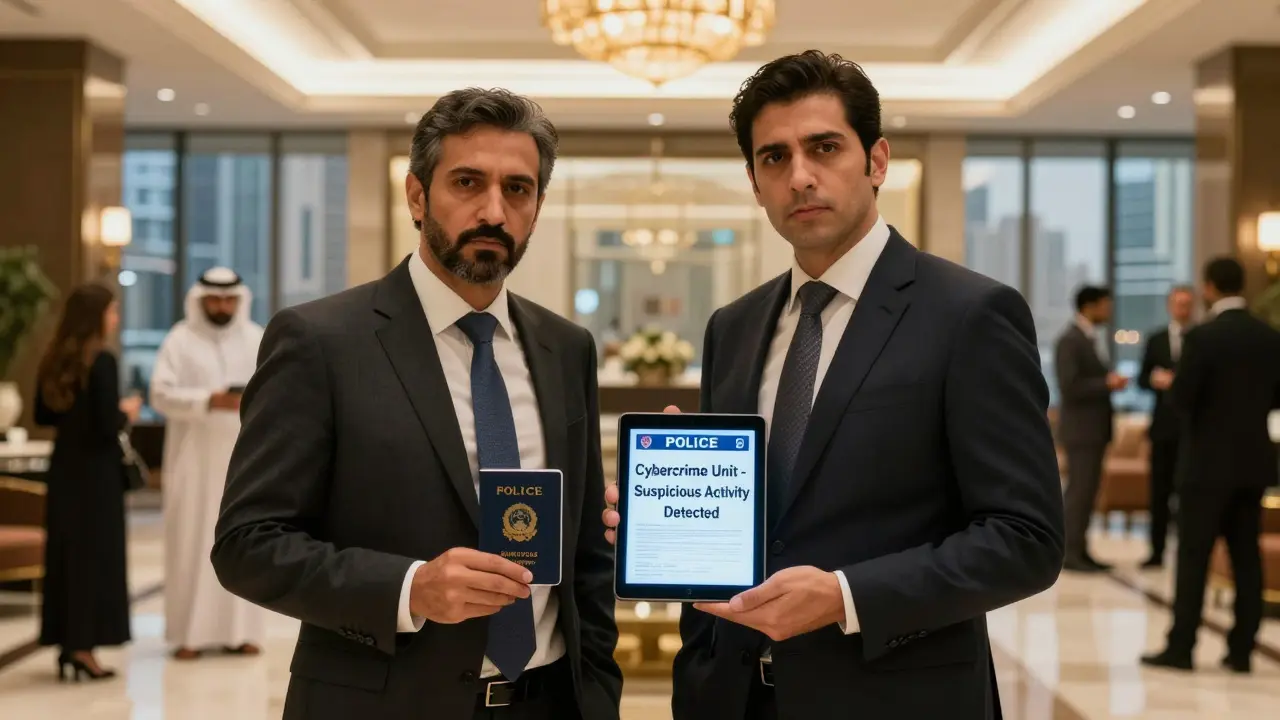Two men in suits stand in a hotel lobby, one holding a passport as police alert appears on a tablet.