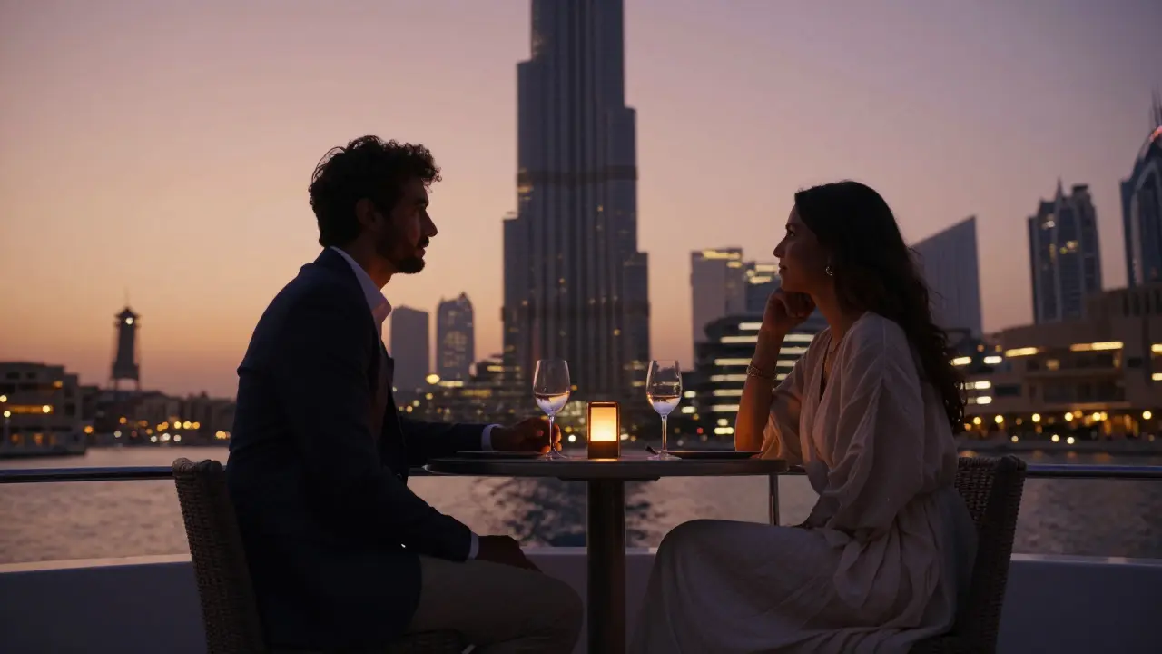 Two people enjoying a peaceful evening on a private yacht at sunset overlooking Dubai&#039;s skyline.