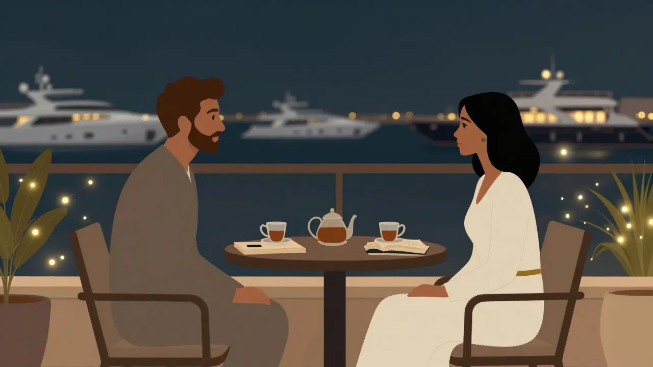 Two people having quiet conversation over tea on a Dubai rooftop at night, city lights in background.