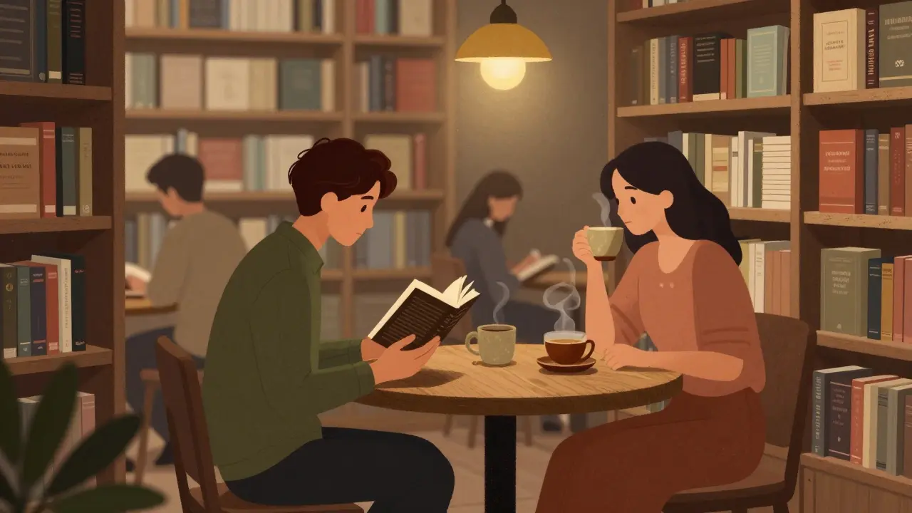 Two people read and drink tea together in a cozy bookstore corner filled with books and warm light.