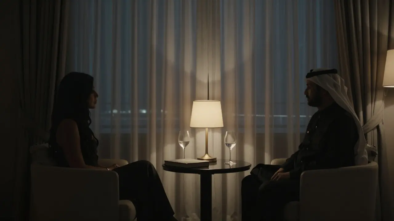 Two silhouettes sit in quiet companionship in a luxury hotel suite, warm light from a single lamp, curtains drawn for privacy.