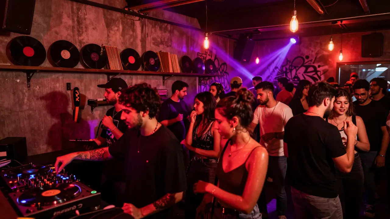 Underground club in Al Quoz with vibrant strobe lights and diverse crowd dancing to a live DJ in an industrial setting.