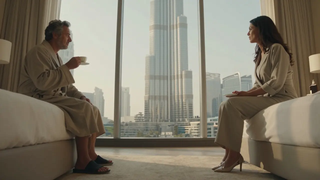 Woman and client sitting silently in a luxury hotel room, sunlight through glass windows.