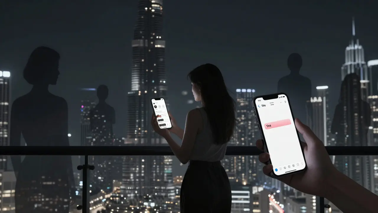 Woman on balcony at night, two phones in hand, Dubai skyline behind her in darkness.