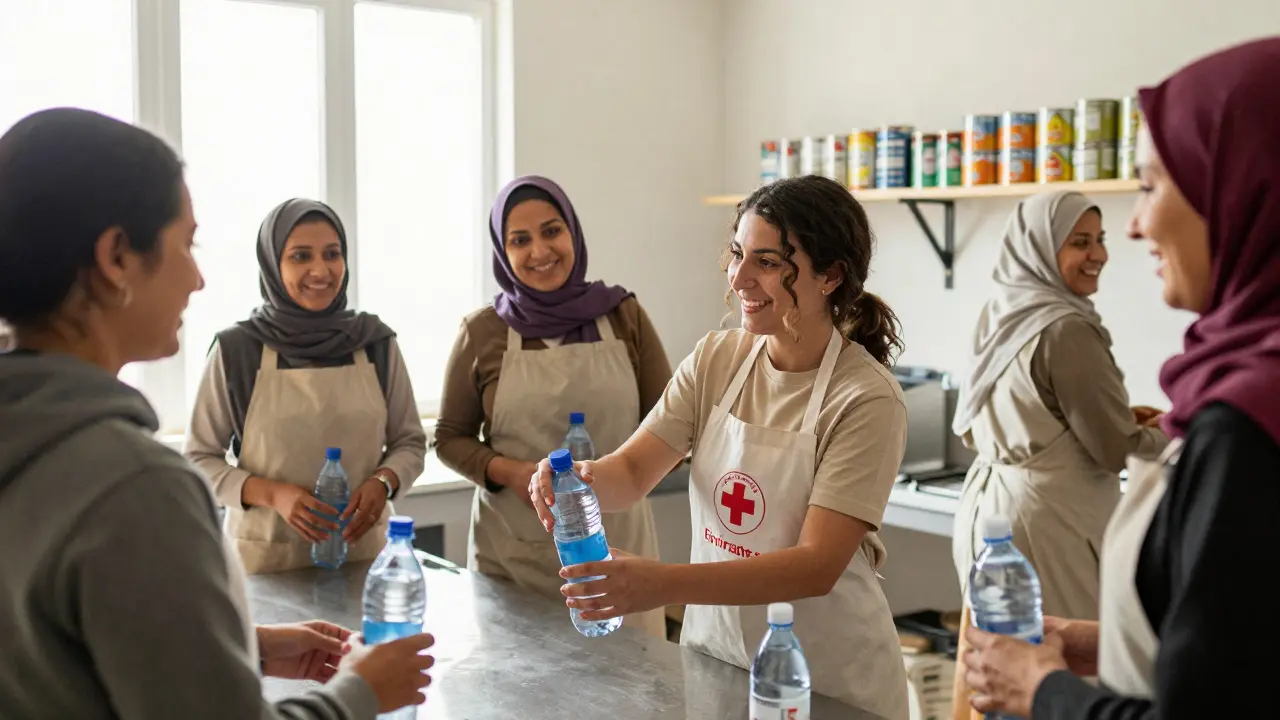 Women volunteering together in a community kitchen, handing out water bottles with warm light.