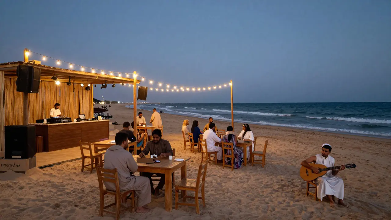 A beach shack at Kite Beach with string lights and guests dancing to Afro-house as waves roll in.