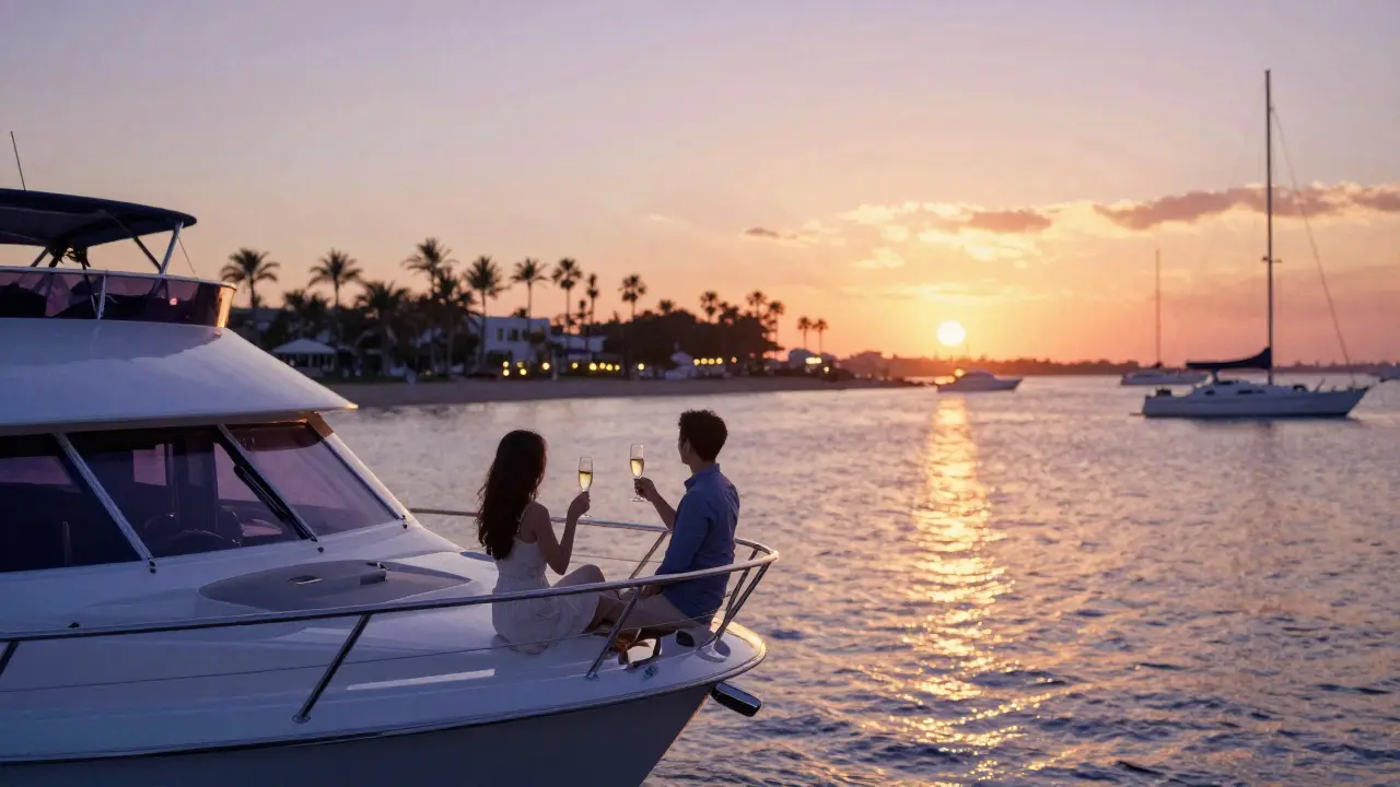 A couple enjoying champagne at sunset on a quiet yacht, golden light reflecting on calm Dubai waters.