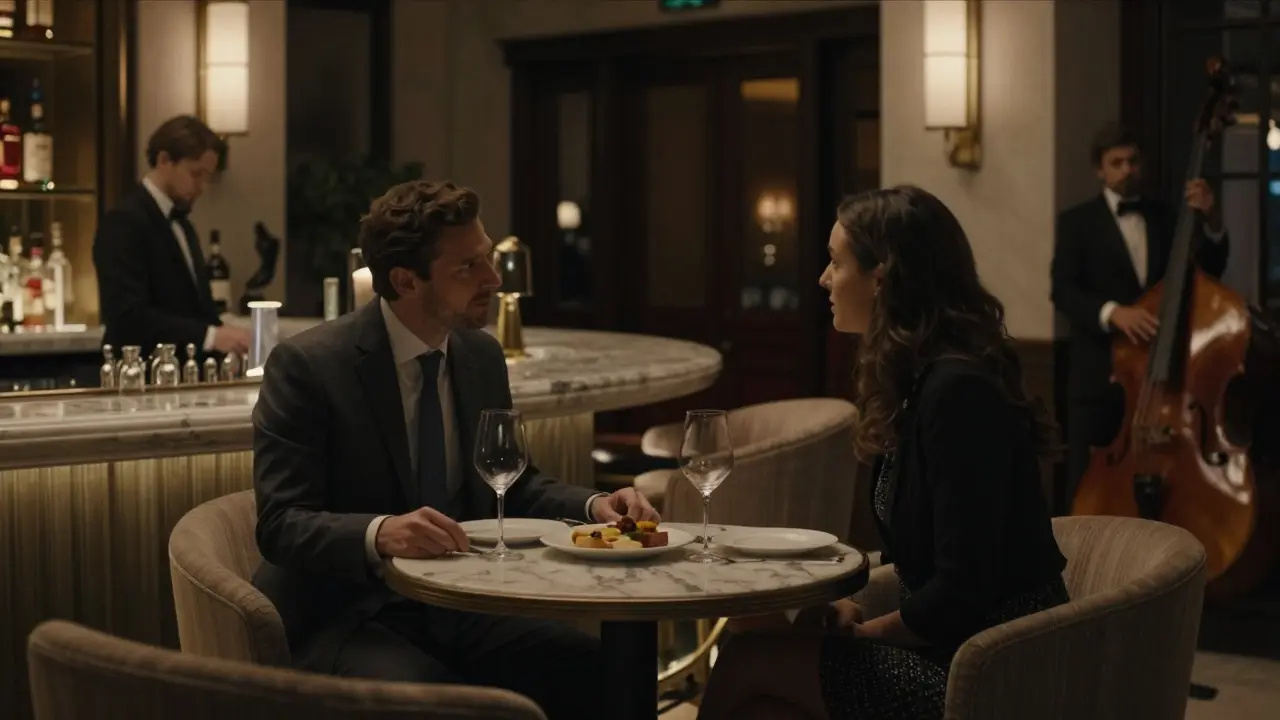 A couple sits discreetly in the elegant lobby bar of The Address Downtown, bathed in soft ambient light.