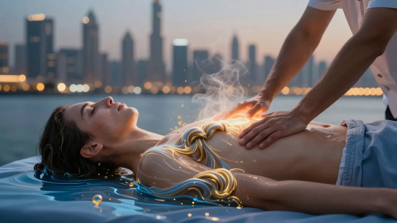 A figure dissolving from tension into calming energy, symbolizing relaxation through massage in Dubai.