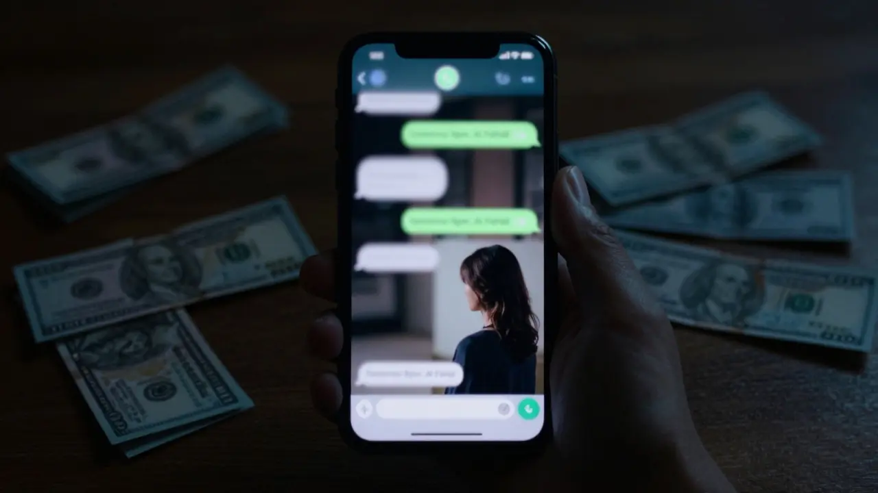 A glowing smartphone shows encrypted messages and cash on a table, no faces visible, emphasizing secrecy.