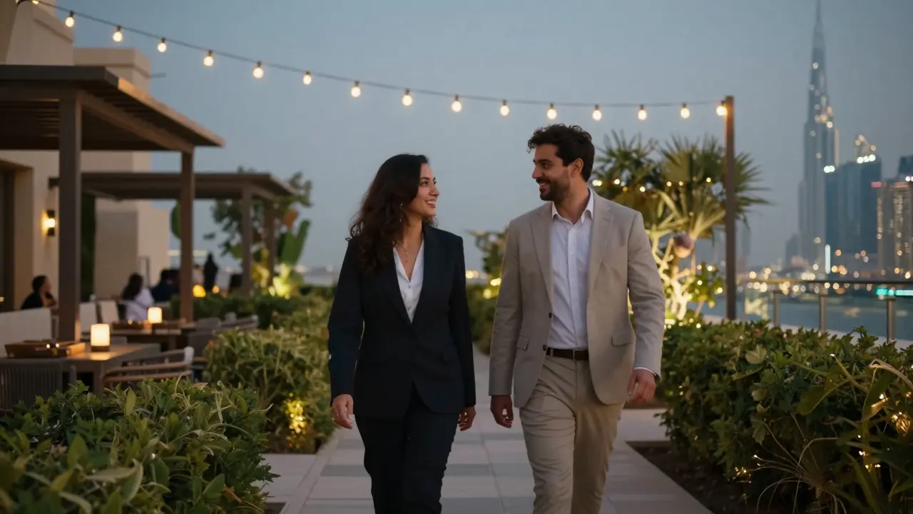 A high-end companion and client walking together in a private rooftop garden in Dubai under string lights.