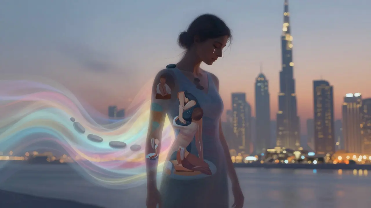 A human figure dissolving into calming light waves, symbolizing stress release amid Dubai’s skyline at dusk.