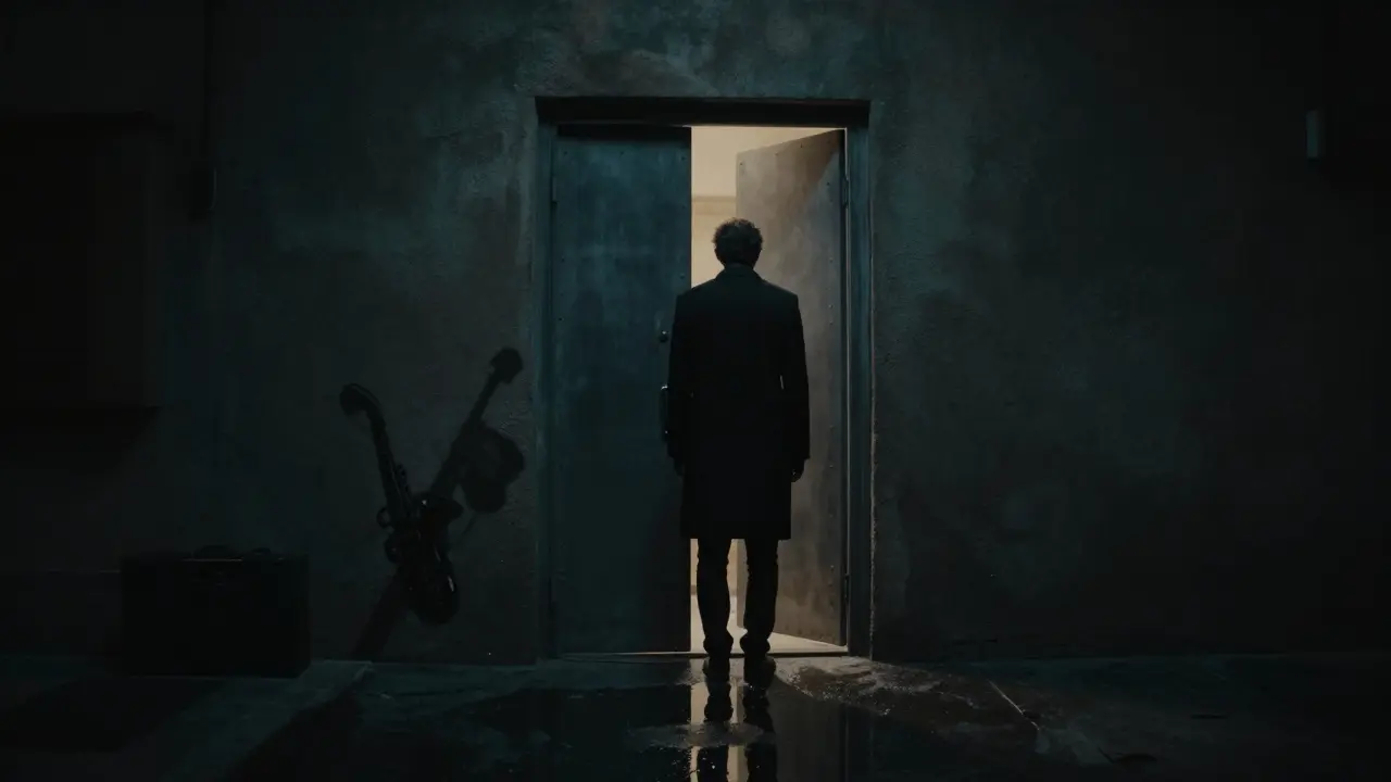 A lone figure approaching the hidden entrance of Atelier club in a dark alley with no signage.