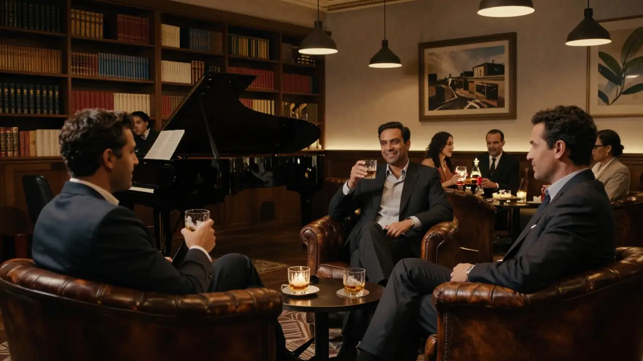 A luxurious private lounge in Dubai with a live piano, leather chairs, and adults enjoying whiskey in quiet conversation.