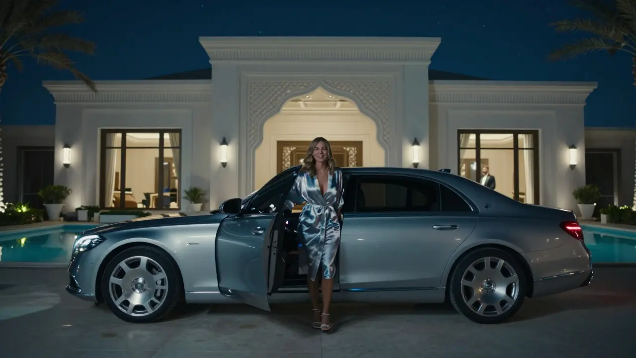 A luxury sedan outside a private villa on Palm Jumeirah, evening lights reflecting on water.