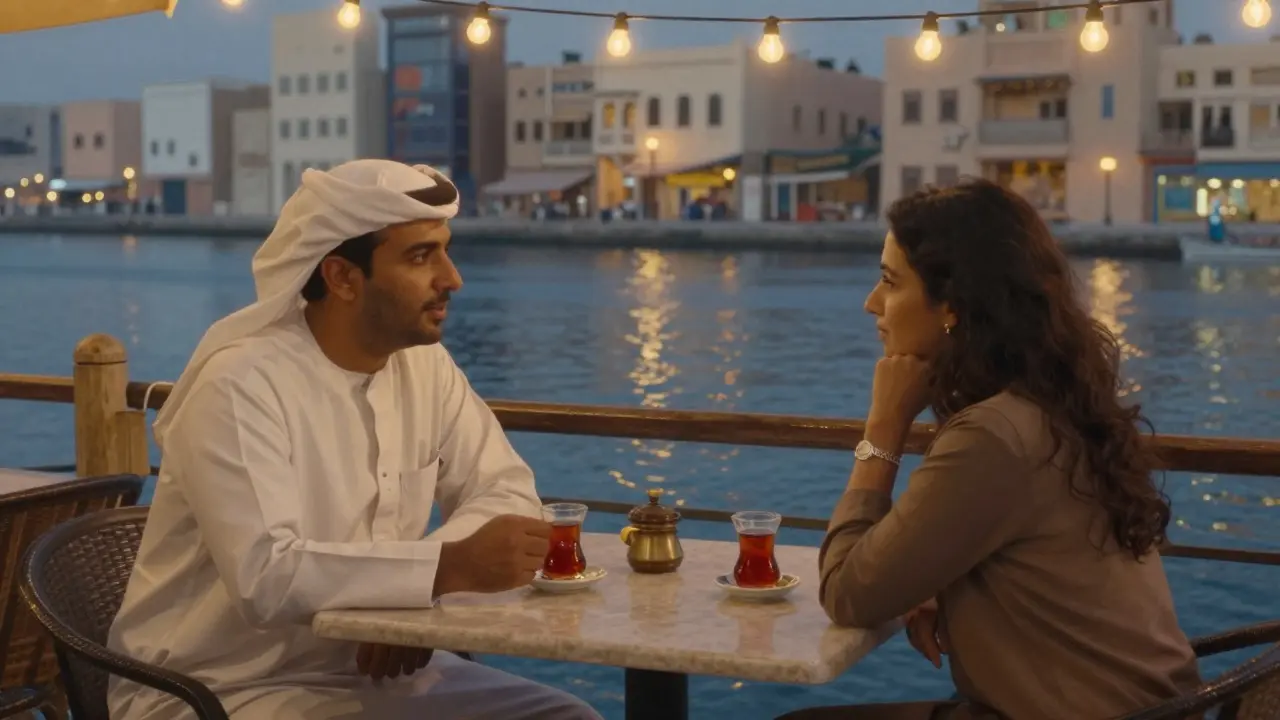 A man and woman share tea at a quiet creek-side café in Bur Dubai, engaging in calm conversation.