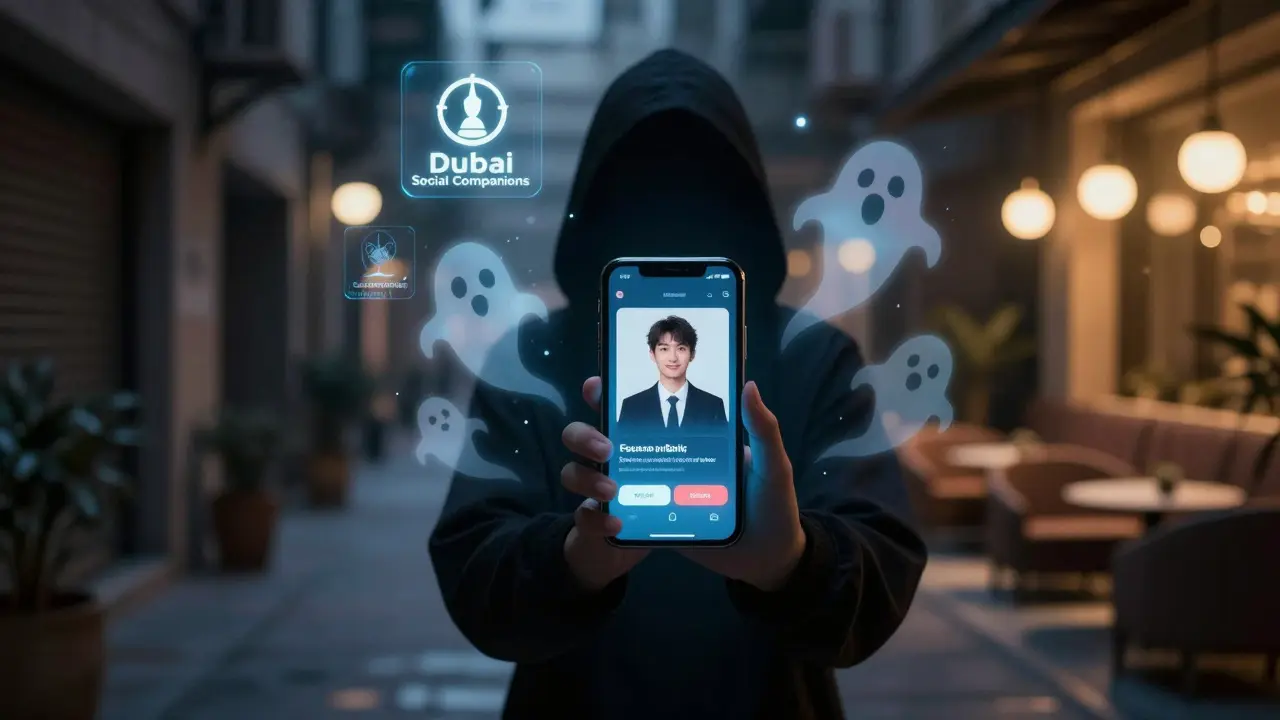 A person surrounded by fake online escort ads, with legal companionship services glowing softly behind them.