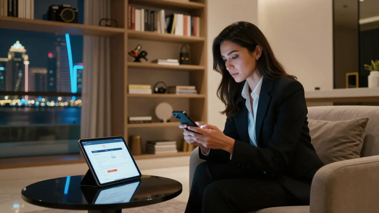 A professional female companion waiting in a stylish Dubai apartment, booking confirmation visible on a tablet.