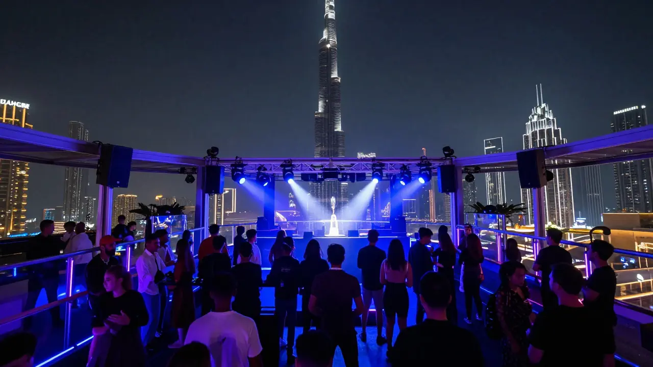 A rooftop nightclub on Bluewaters Island with the Burj Khalifa glowing behind dancers.