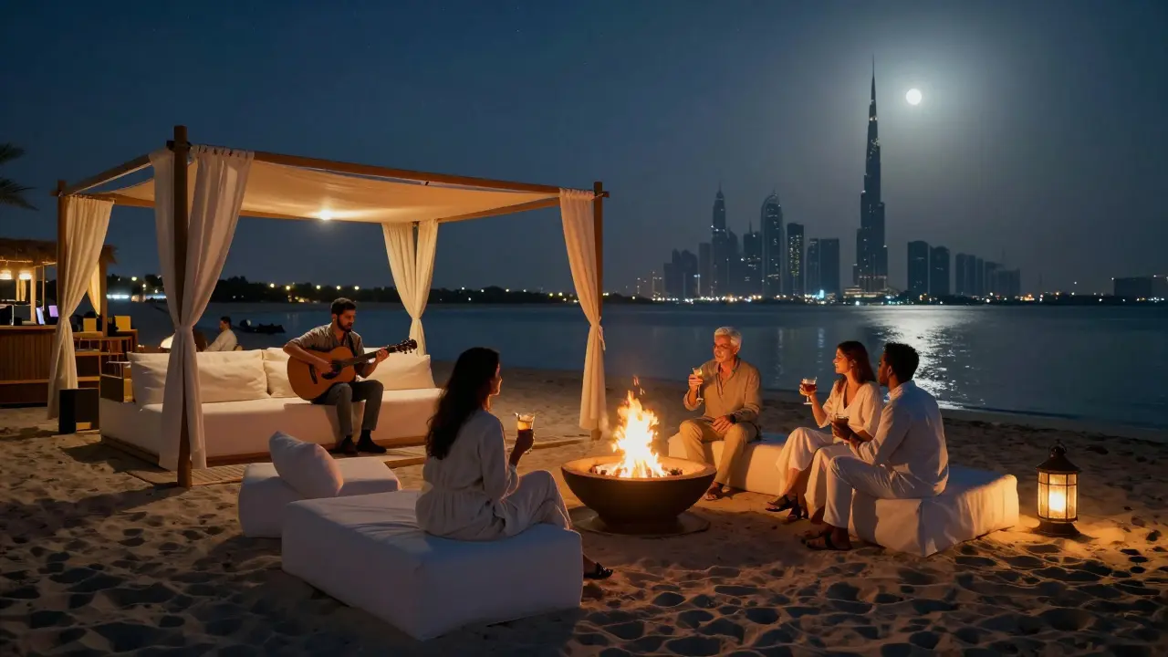 A serene Dubai beach club at night with fire pits, linen cabanas, and a guitarist playing under the stars.