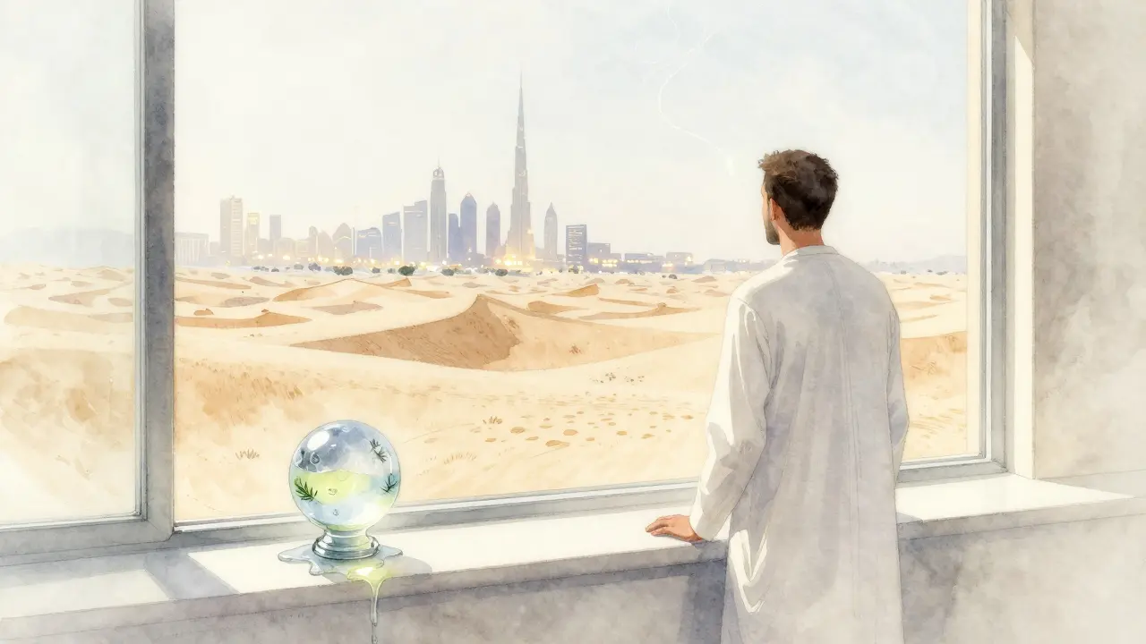 A solitary figure gazing at the city from a quiet window in White Dubai, with a melting ice sphere in a glass beside them.