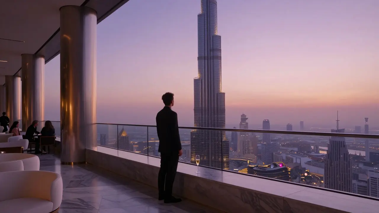 A solitary figure overlooking Dubai’s skyline from a high-rise rooftop at sunset.
