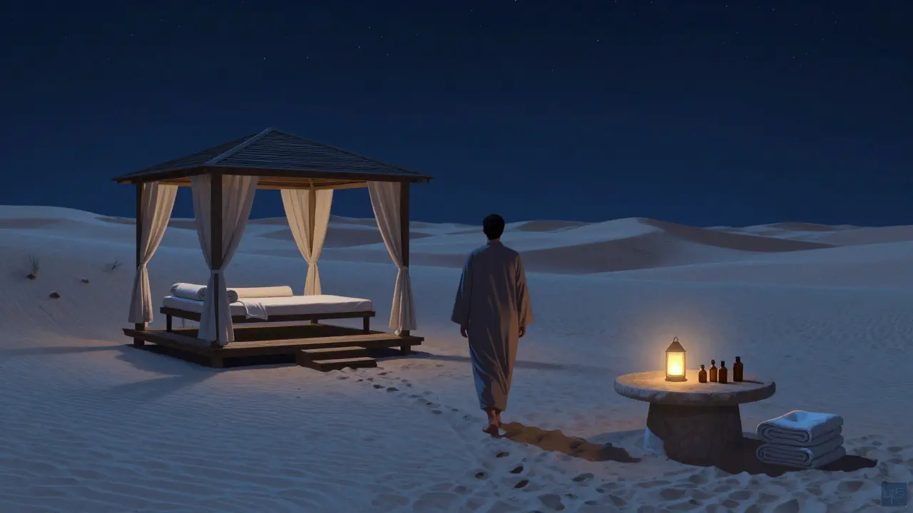 A solitary figure walking toward a desert massage pavilion under a starry sky, surrounded by silent dunes.