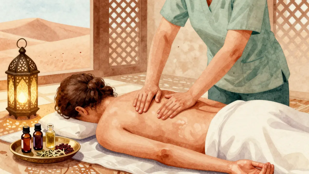 A therapist massaging a client with warm oils in a traditional Arabian-style spa, surrounded by lanterns and herbal remedies.
