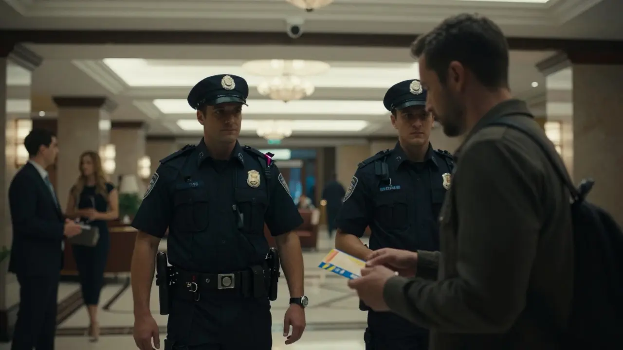 A tourist in a hotel lobby being approached by plainclothes officers, tense atmosphere, no faces shown.