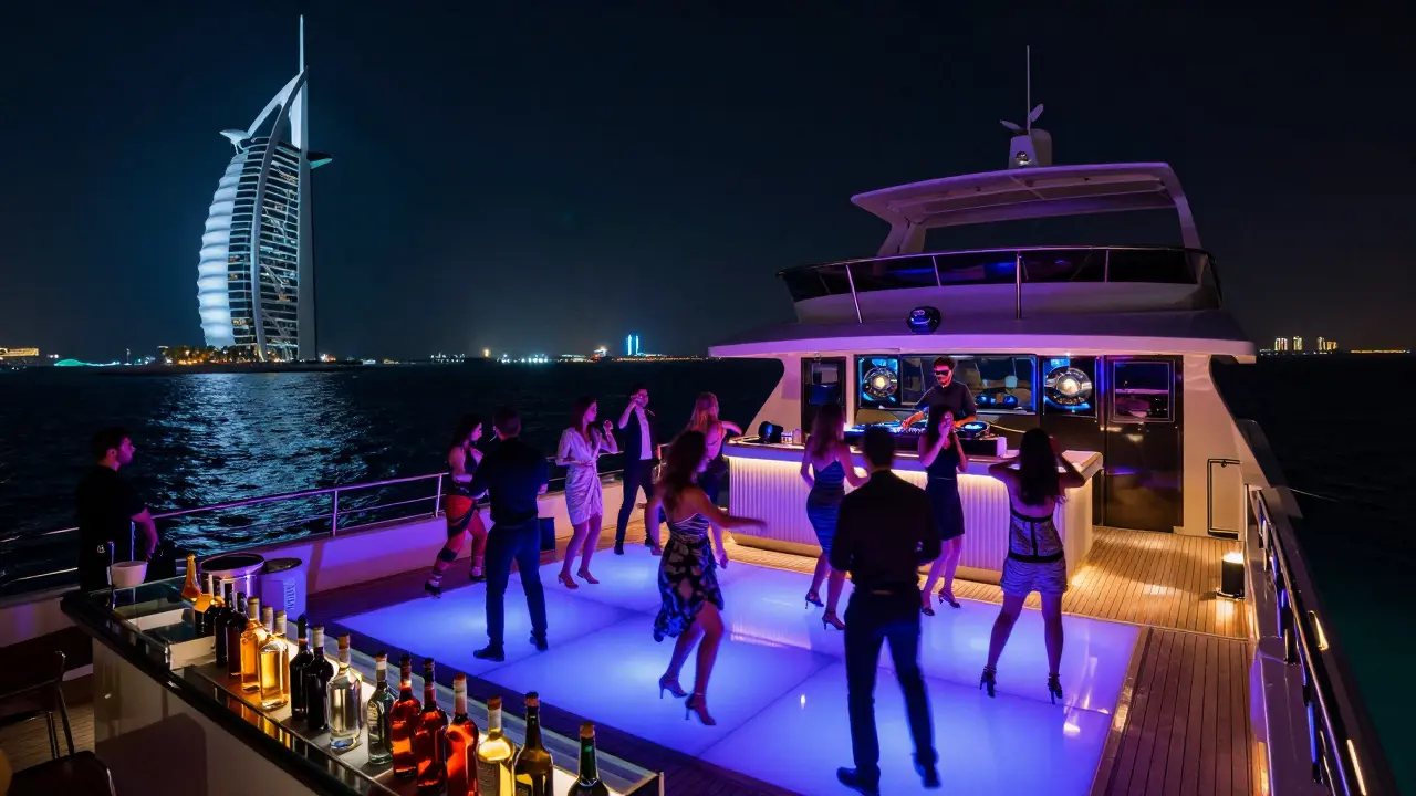 A vibrant nightclub yacht with LED lights and dancing guests, set against Burj Al Arab under a night sky.