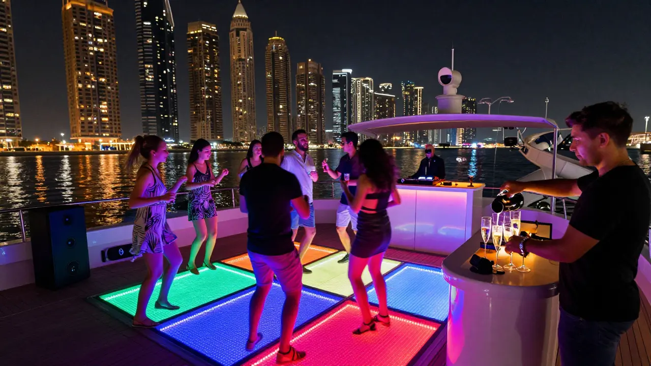 A vibrant nighttime yacht party with LED lights, dancing guests, and the Dubai Marina skyline sparkling behind them.