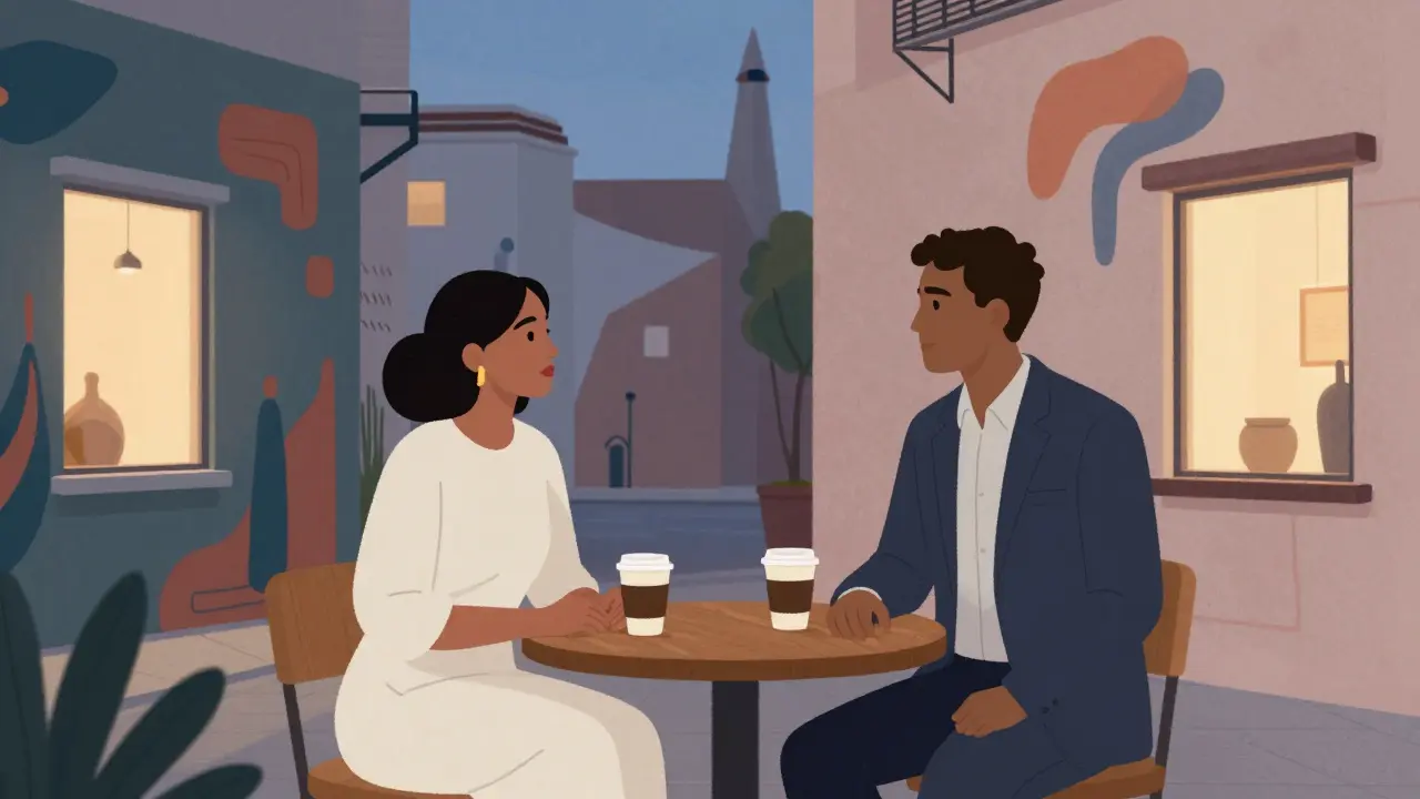 A woman and man converse among art installations in Alserkal Avenue, surrounded by twilight glow and cultural ambiance.