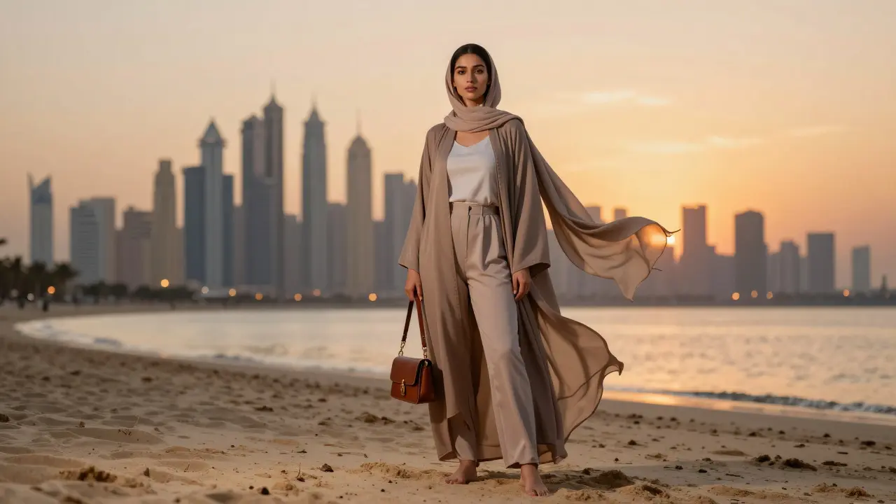 A woman stands on La Mer Beach at sunset in a modern abaya, barefoot on sand, with Dubai's skyline glowing behind her.