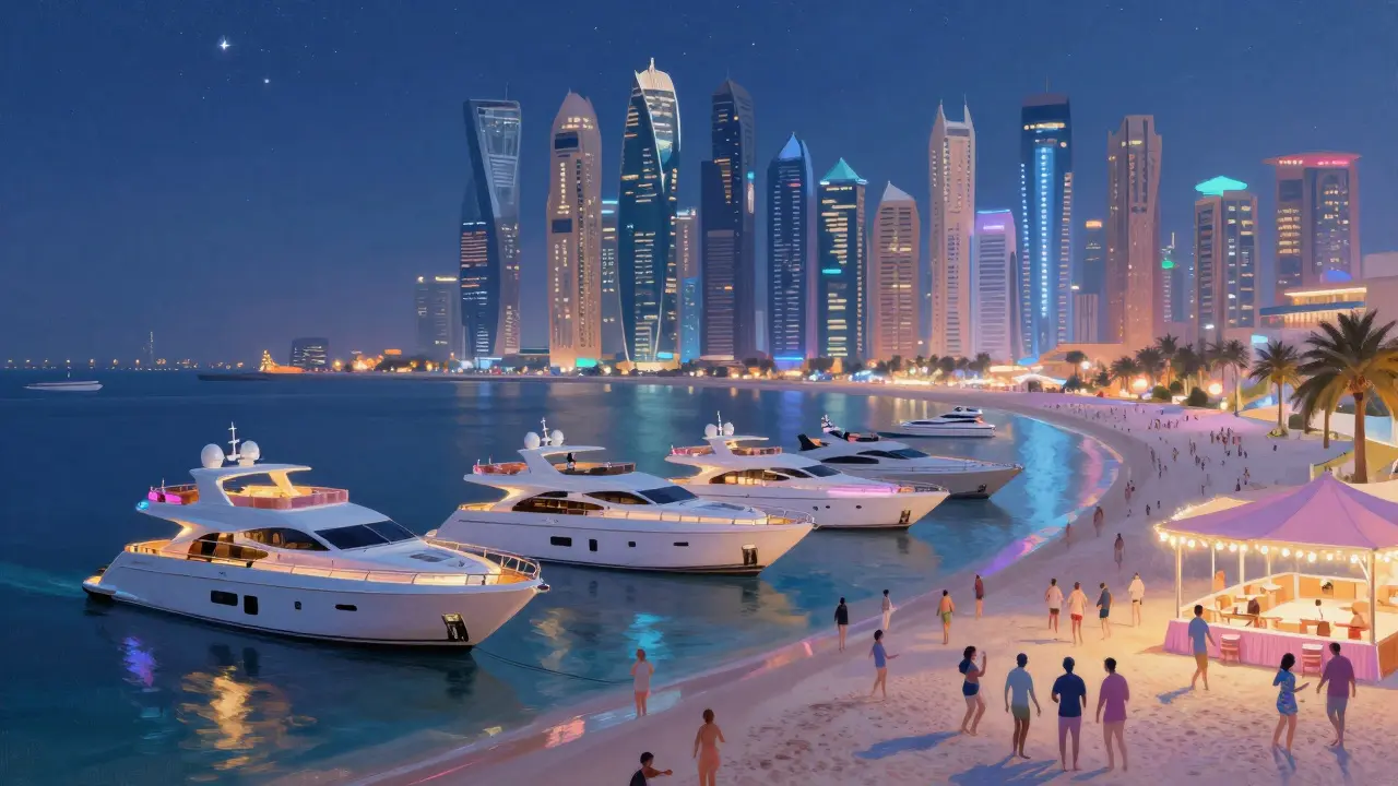 Aerial view of Dubai Marina at night with yachts, beach club lights, and glowing waterfront lounges.
