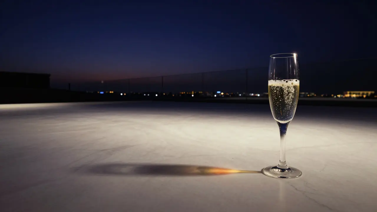 An empty dance floor bathed in shifting ambient light, a single champagne flute catching the last glow of sunset.