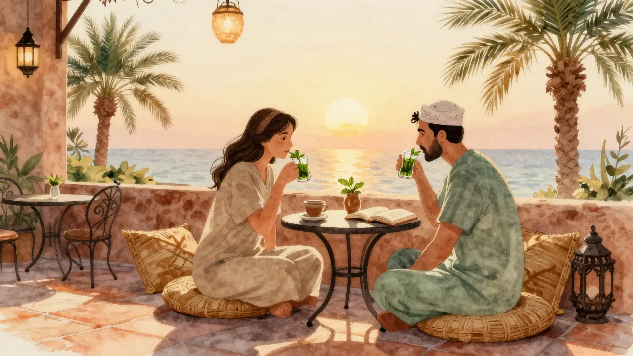 Couples enjoying mint tea at a quiet outdoor café during golden hour in Jumeirah.